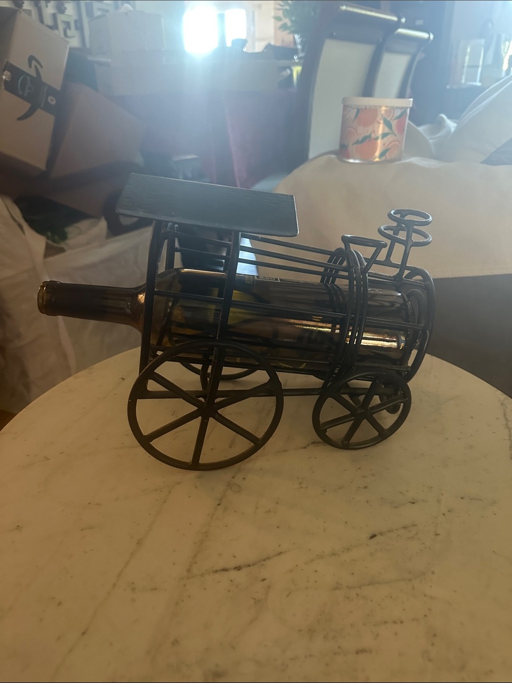 Decorative Black Metal Wine Bottle Cart Holder